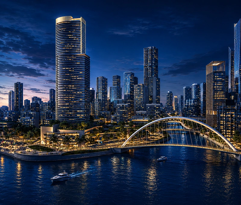 Modern city skyline at night